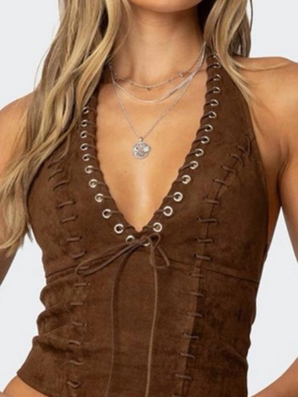 Moa Moa Brown Lace-Up Boho Western Festival Halter Crop Top